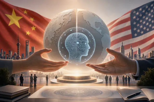 AI-generated editorial illustration for a story about U.S.-China AI governance