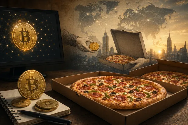 Illustration of Bitcoin pizza transaction symbolizing the 10,000 BTC purchase that started Bitcoin Pizza Day