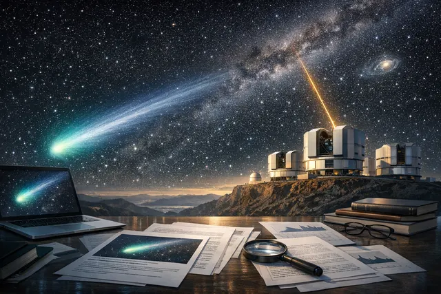 Artistic rendering of interstellar comet 3I/ATLAS passing through the Solar System, with a glowing coma and tail against a starfield background.