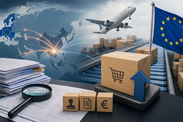 Air-cargo parcels and freight aircraft illustrating the impact of EU low-value import duty changes on China–Europe shipping