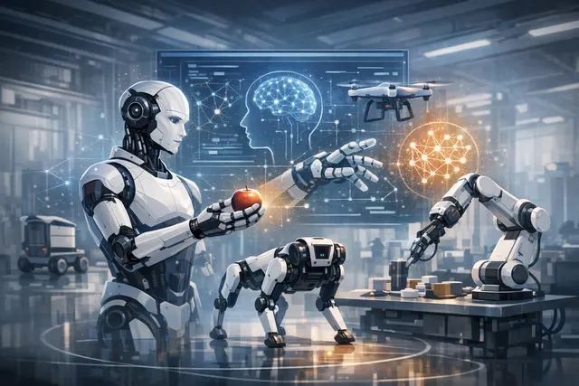 A conceptual illustration of a humanoid robot powered by Alibaba's Qwen AI, standing in a futuristic data center environment to represent embodied artificial intelligence.