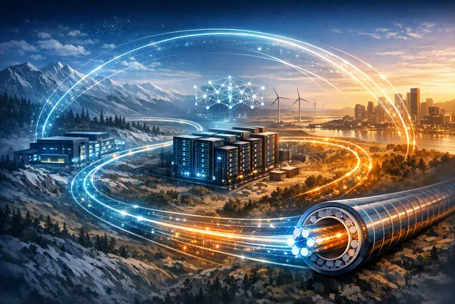 Editorial illustration of hollow-core fiber connecting geographically distributed AI data centers