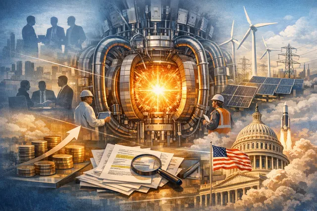 Illustration of a nuclear fusion reactor with plasma rings, representing record fusion energy investment in 2026