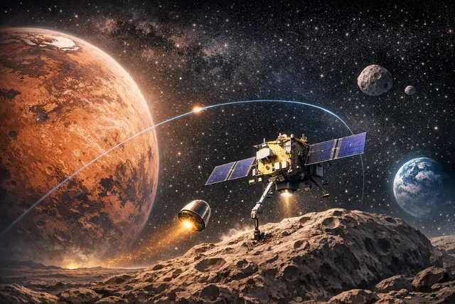 Illustration of JAXA’s MMX spacecraft exploring Phobos and Deimos near Mars