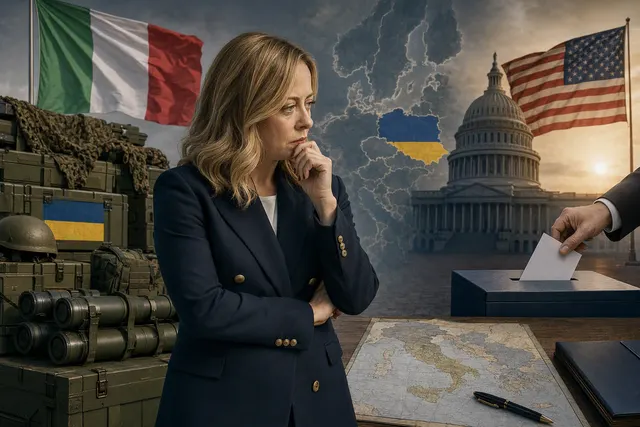 AI-generated editorial illustration for a report on Italy’s delayed military-aid package for Ukraine