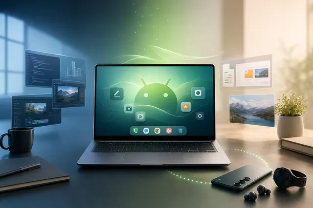 Android 앱 창이 떠 있는 가상의 갤럭시 북 노트북 콘셉트 이미지