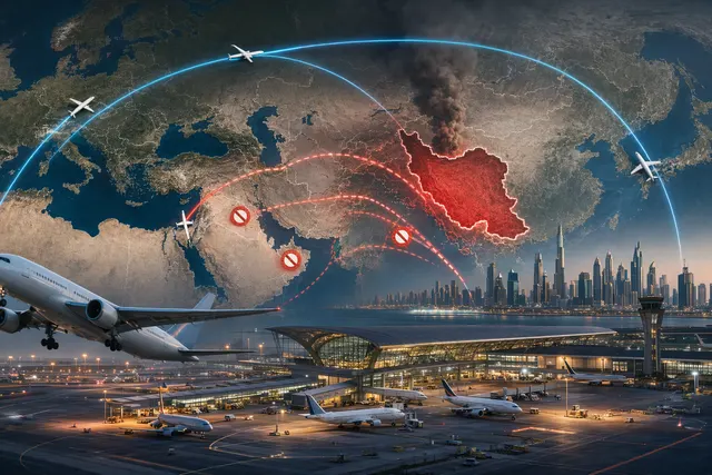 AI-generated illustration of aircraft rerouting between Gulf hubs and Europe during Iran conflict flight disruptions