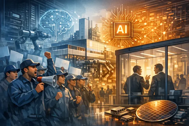 A tense standoff symbolized by TSMC's logo and factory, contrasted with striking workers, representing the clash between record AI profits and employee compensation.
