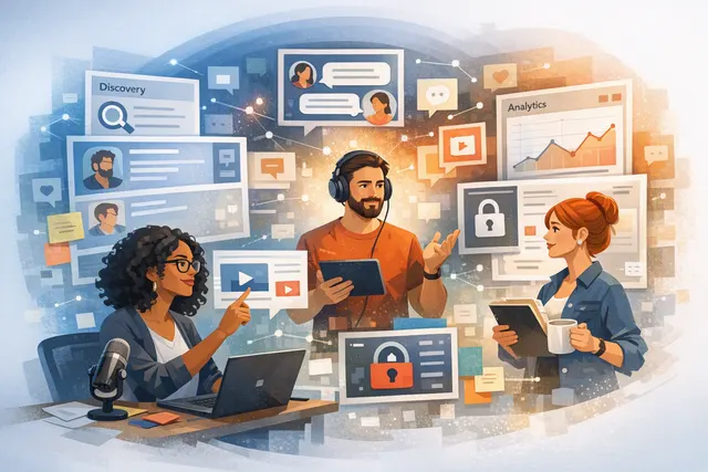 Illustration of Patreon’s new creator features, including Clips, Quips, Niches, discovery recommendations, and analytics