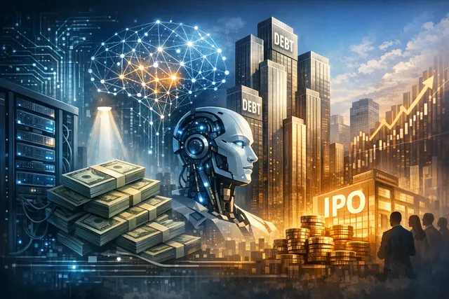 Abstract digital illustration of a futuristic data center corridor with glowing blue lights, representing the massive capital investment in AI infrastructure by Big Tech companies.