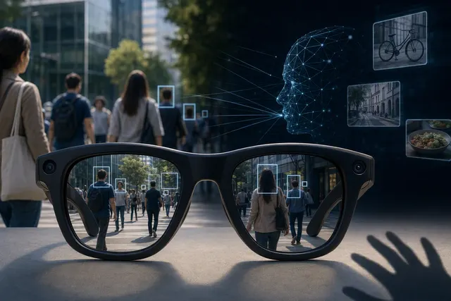 Editorial illustration of camera-equipped AI smart glasses and a privacy warning indicator