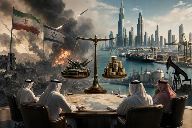 Editorial illustration of the Iran war’s economic pressure on Gulf energy exports and US investment commitments