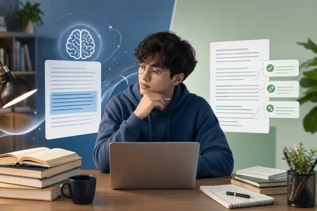 Illustration of a student using AI writing tools to draft and edit an essay