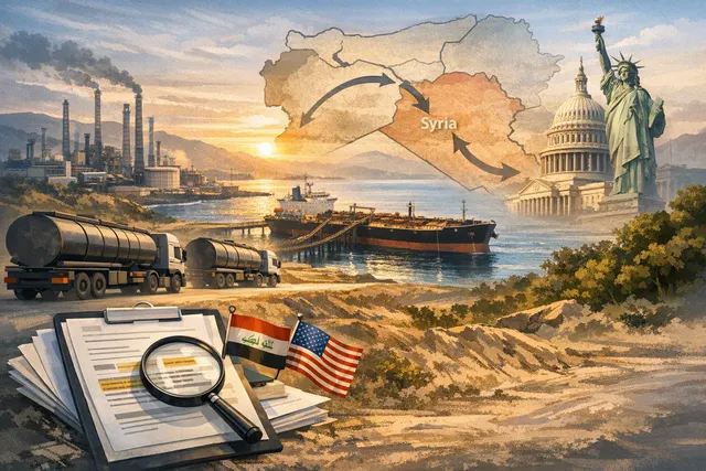 Map or conceptual illustration showing the truck-and-tanker route of Iraqi fuel oil from Iraq through Syria to the Mediterranean port of Baniyas, then onward to the United States.
