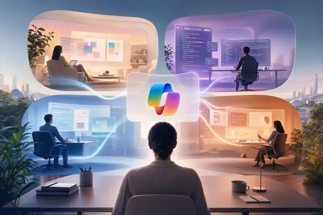 Illustration representing Microsoft Copilot bringing chat, Office apps, app-building and AI agents together in a work interface