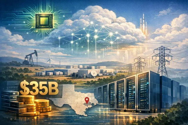 Editorial illustration of Anthropic, Nvidia, Lambda and a Texas AI data center connected by cloud-computing infrastructure