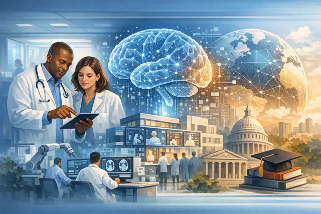 Abstract visualization of AI analyzing genetic data with DNA helix patterns and diagnostic indicators, representing the NEJM AI study on rare pediatric disease diagnosis.