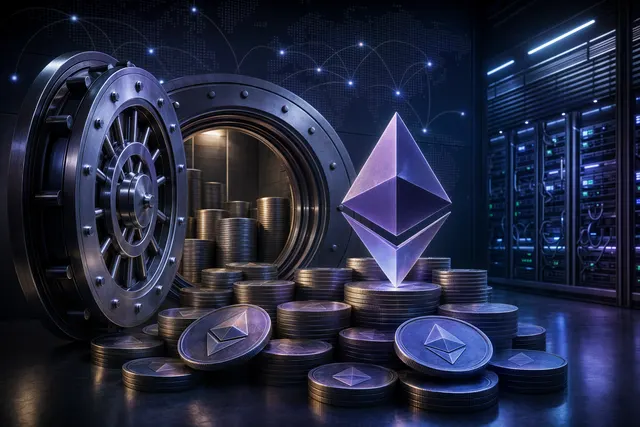 Illustration of Ethereum tokens and a corporate treasury dashboard representing Bitmine’s ETH accumulation strategy