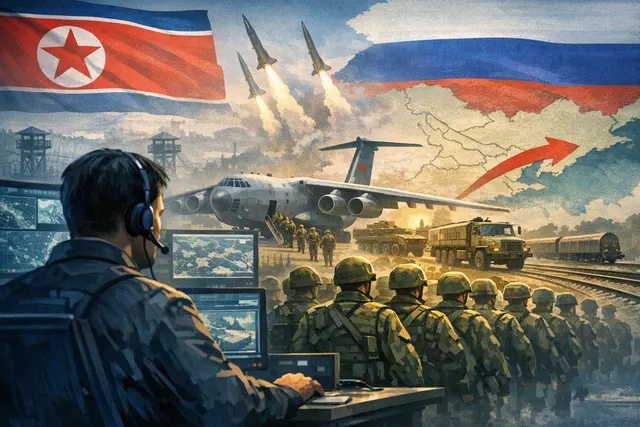 Editorial illustration of North Korean troops, missiles and drones linked to military cooperation with Russia