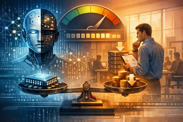 An abstract digital illustration showing a corporate office environment with AI token counters and budget dashboards, representing Microsoft's internal AI spending controls.
