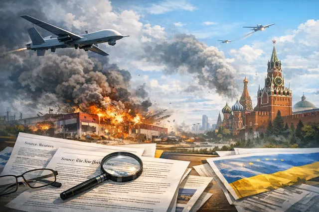 AI-generated editorial image depicting the aftermath of a drone strike on a large warehouse facility, with smoke and fire rising into the sky.