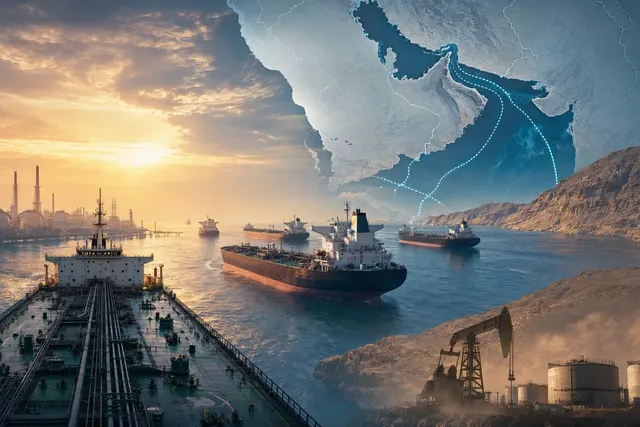 Illustration of oil tankers and export routes in the Middle East