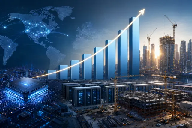 Illustration of global AI infrastructure build‑out with data centers, chips, and financial markets