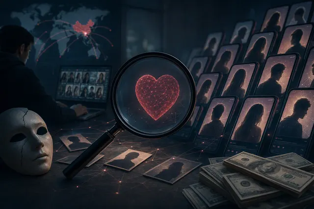 Illustration representing AI-powered deceptive dating app personas and online fraud