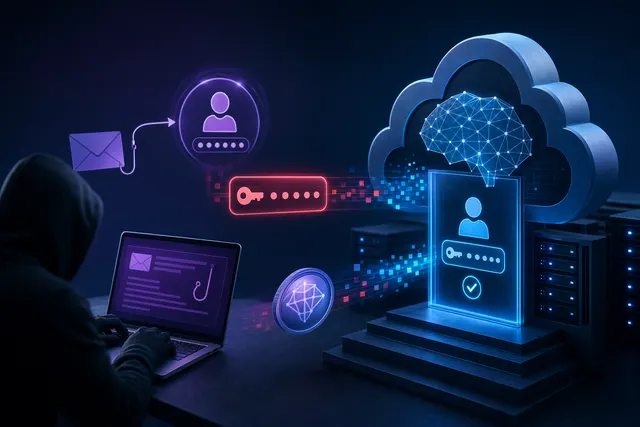 Abstract digital tokens and API keys flowing through an AI platform, suggesting compute credit theft.
