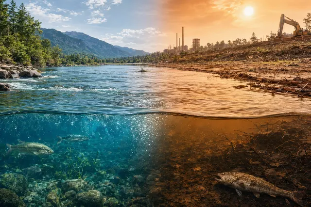 Illustration of rivers losing dissolved oxygen due to warming temperatures and climate change