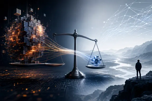 Editorial illustration of a sparse mixture-of-experts AI model and connected agent workflow