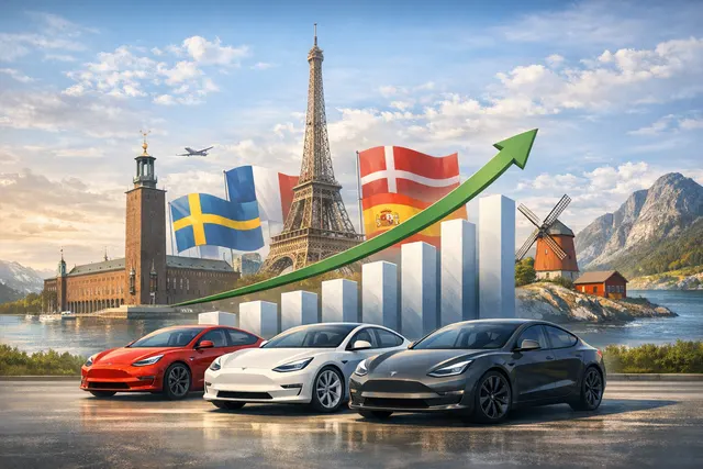 Tesla vehicles in a European showroom or on a road, with infographic-style overlays showing upward trending registration charts and country flags for Sweden, France, and Denmark.