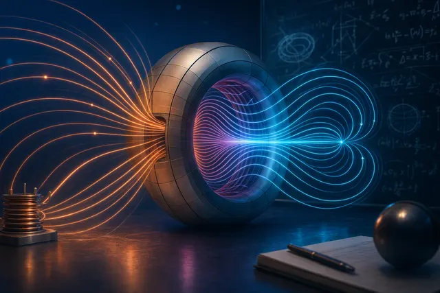 Illustration of magnetic field lines being reshaped by a surrounding material structure