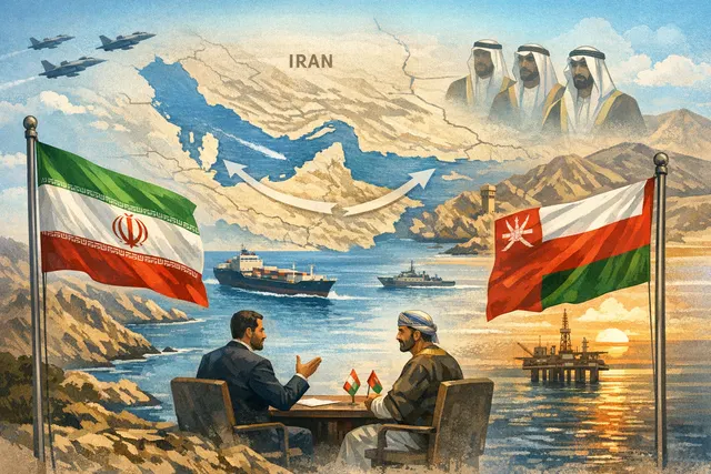 AI-generated illustration of the Strait of Hormuz shipping lane with Iranian and Omani coastlines, representing the ongoing negotiations over transit fees and governance.
