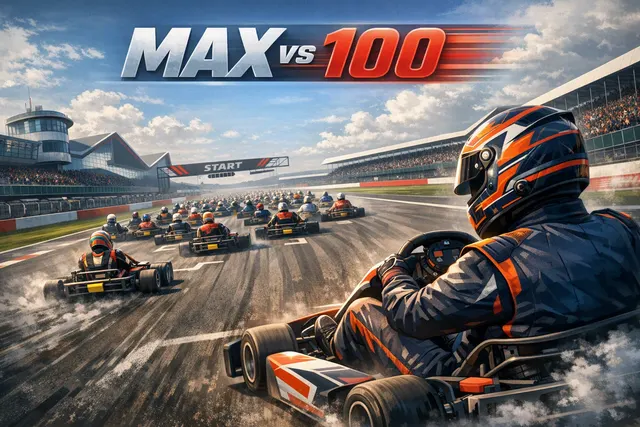 Max Verstappen racing through a crowded karting field in the Red Bull Max vs 100 challenge