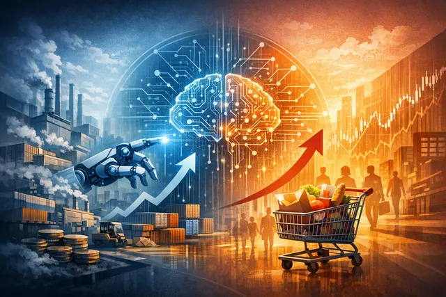 Illustration of AI data centres, computer chips and rising consumer prices