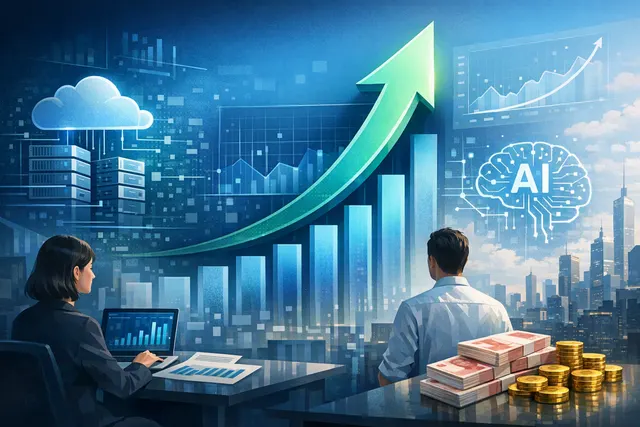 Editorial illustration of Z.ai’s cloud-based AI and API business driving first-half 2026 revenue growth