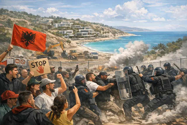 Illustration depicting political tension and environmental conflict over a luxury resort project in Albania, showing a divided landscape between development and protected nature.