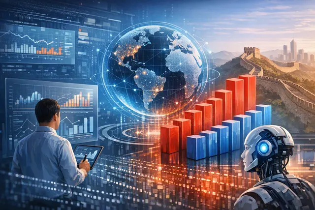 Editorial illustration of global AI model traffic flowing through OpenRouter, with Chinese models leading the rankings