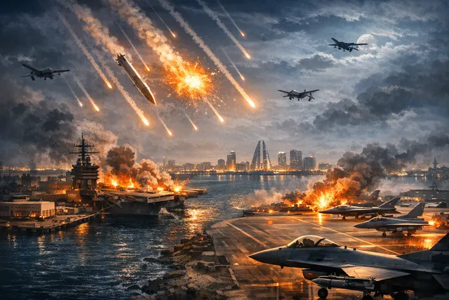 Artistic depiction of a naval base under a night sky streaked with missile and drone contrails, symbolizing the IRGC attack on the U.S. Fifth Fleet headquarters in Bahrain.