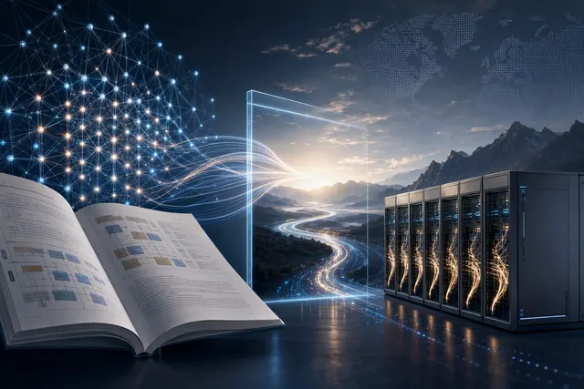 Editorial illustration representing Huawei openPangu-2.0-Pro and an Ascend-native AI infrastructure stack