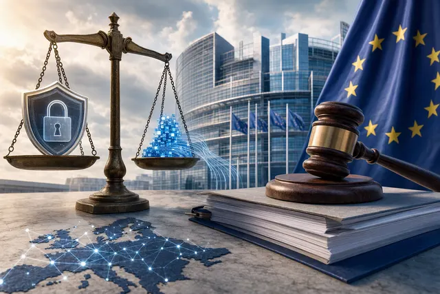 Editorial illustration representing the EU’s dispute with Google over search-data access and Android features for rival AI services