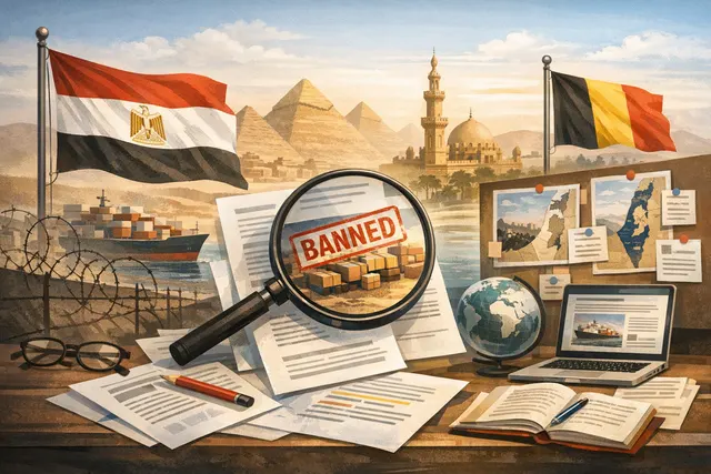 A stylized illustration depicting a European Union flag, a Belgian flag, and an Egyptian flag with a gavel and map of the Middle East, symbolizing the trade ban decision.