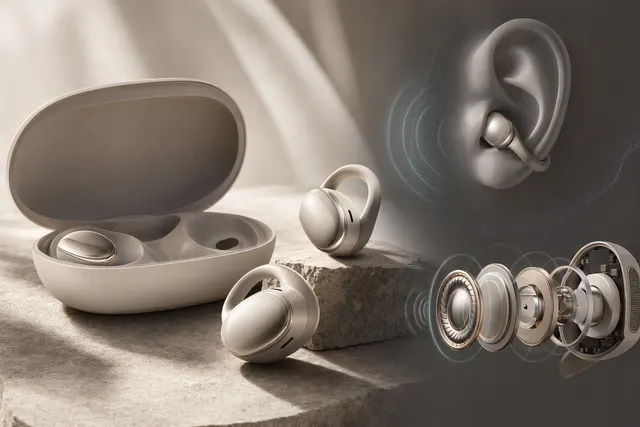 Xiaomi clip‑on open‑ear earbuds concept showing ear‑clip design and charging case