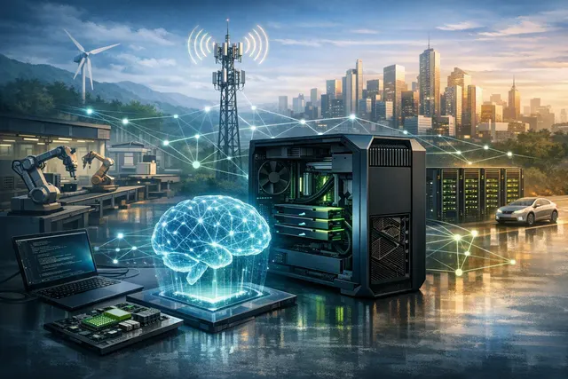 Editorial illustration of enterprise edge AI infrastructure connecting local hardware, cloud systems and data