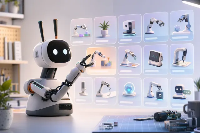 Illustration of a small desktop robot surrounded by app icons, representing Hugging Face’s Reachy Mini app store