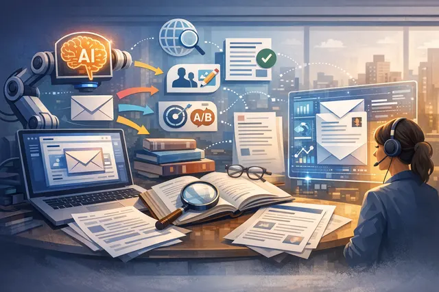 Abstract digital illustration of automated email marketing workflow with AI, showing connected nodes, data flows, and a central hub resembling an email interface.
