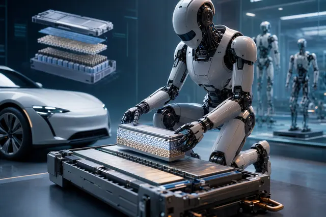 Editorial illustration of a humanoid robot with advanced battery modules