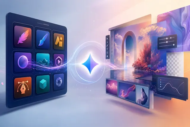 Concept illustration of Adobe creative tools connected to Google Gemini AI for conversational content creation