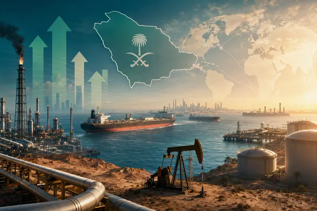 AI-generated editorial illustration accompanying an analysis of Saudi oil production and exports